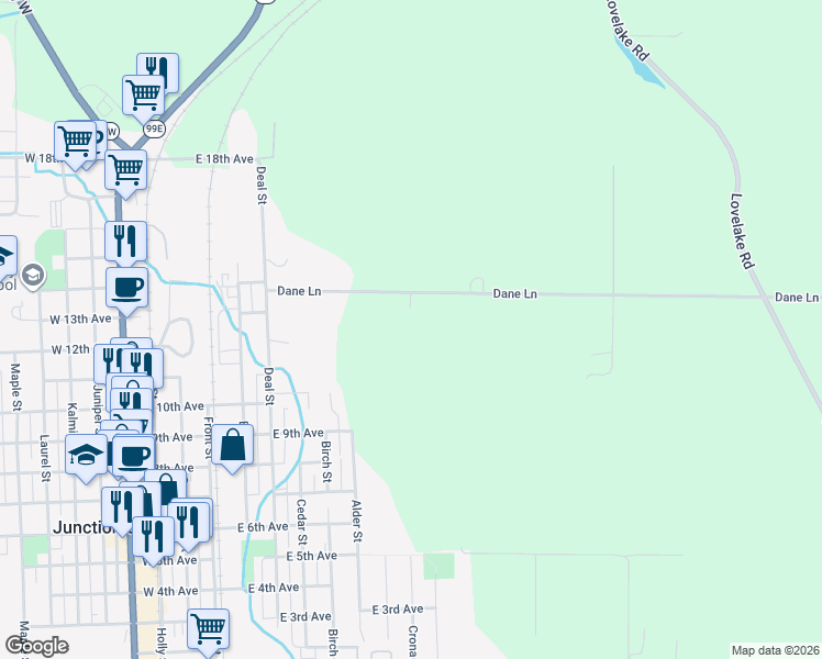 map of restaurants, bars, coffee shops, grocery stores, and more near 29426 Dane Lane in Junction City