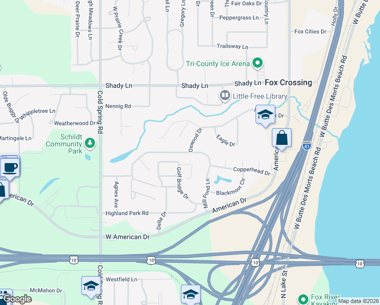 map of restaurants, bars, coffee shops, grocery stores, and more near 840 Mill Pond Lane in Neenah