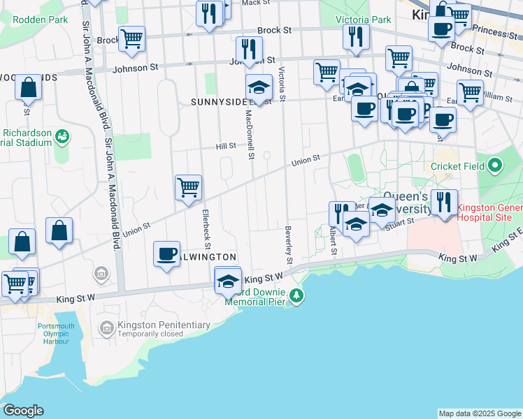 map of restaurants, bars, coffee shops, grocery stores, and more near 32 Kensington Avenue in Kingston