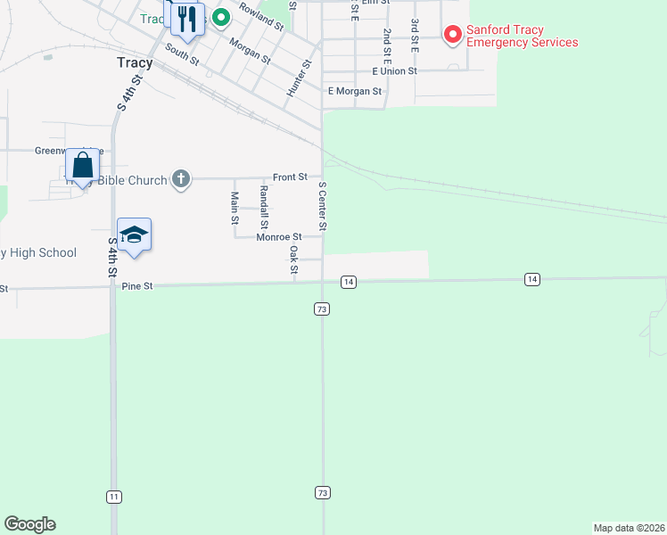 map of restaurants, bars, coffee shops, grocery stores, and more near 3400-3498 County Road 14 in Tracy