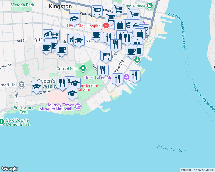 map of restaurants, bars, coffee shops, grocery stores, and more near in Kingston