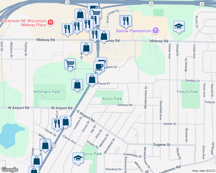 map of restaurants, bars, coffee shops, grocery stores, and more near 1001-1175 Lucerne Dr in Menasha