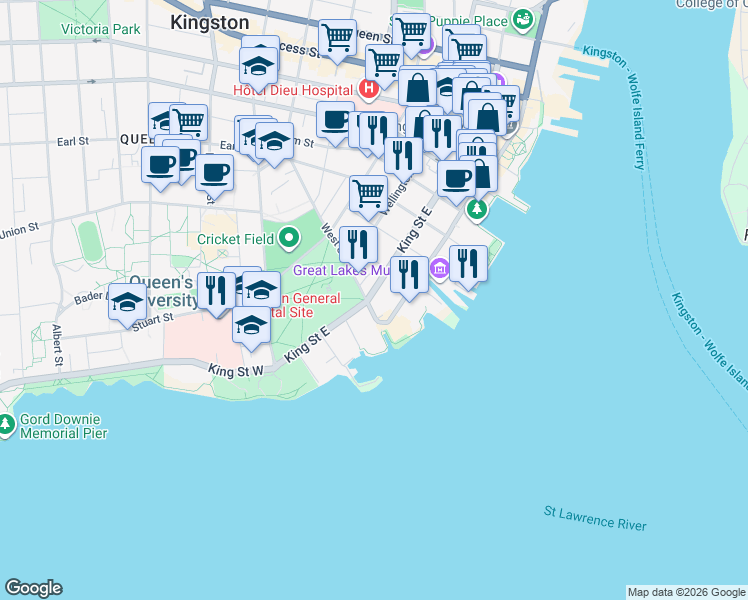 map of restaurants, bars, coffee shops, grocery stores, and more near 125 King Street East in Kingston