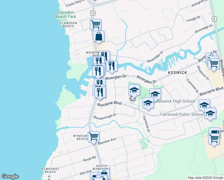 map of restaurants, bars, coffee shops, grocery stores, and more near 28 Hodgins Avenue in Georgina