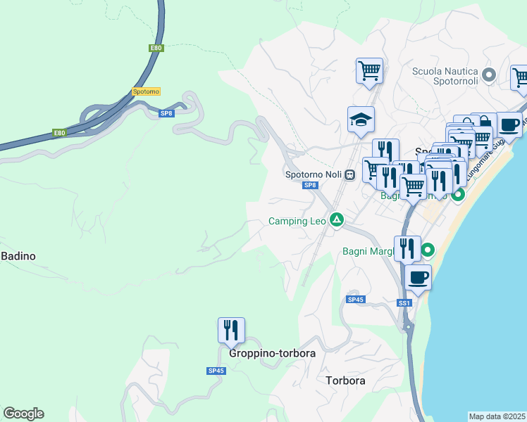 map of restaurants, bars, coffee shops, grocery stores, and more near 46 Via Coreallo in Spotorno