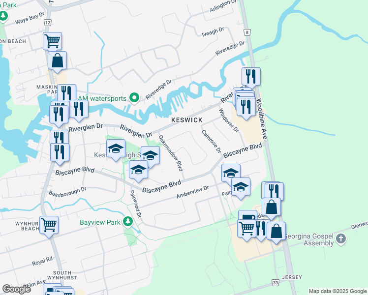 map of restaurants, bars, coffee shops, grocery stores, and more near Castille Crescent in Georgina