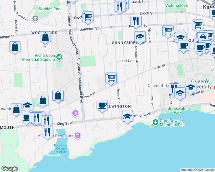 map of restaurants, bars, coffee shops, grocery stores, and more near 1 College Street in Kingston