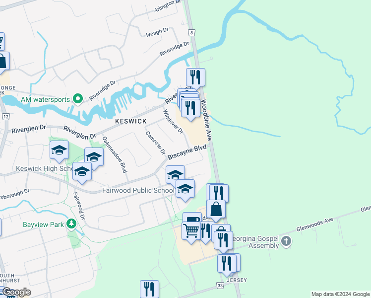 map of restaurants, bars, coffee shops, grocery stores, and more near 2 Windover Drive in Georgina