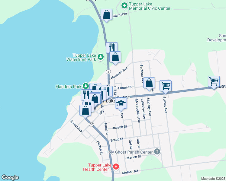 map of restaurants, bars, coffee shops, grocery stores, and more near 151 Park Street in Tupper Lake