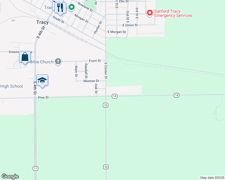 map of restaurants, bars, coffee shops, grocery stores, and more near 3400 County Road 14 in Tracy