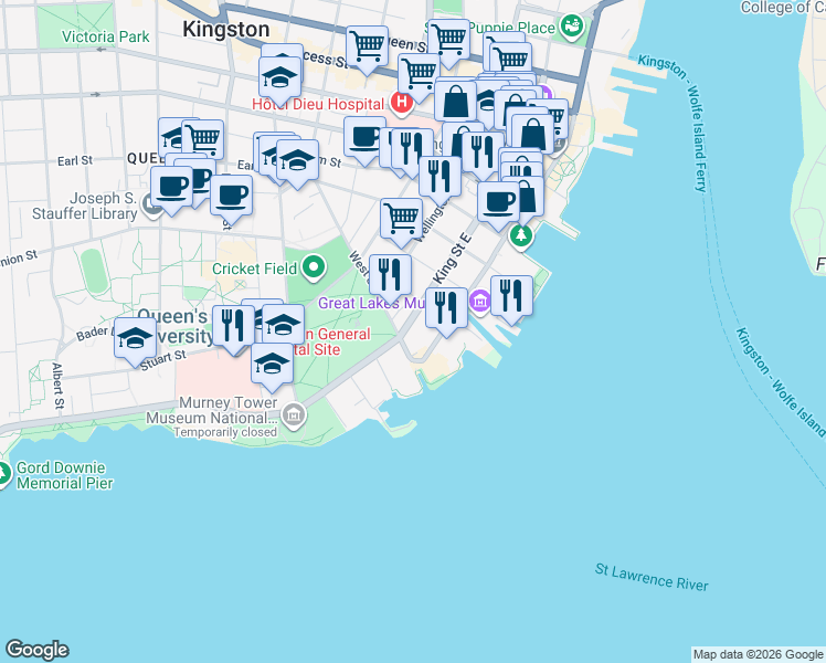 map of restaurants, bars, coffee shops, grocery stores, and more near 133 King Street East in Kingston