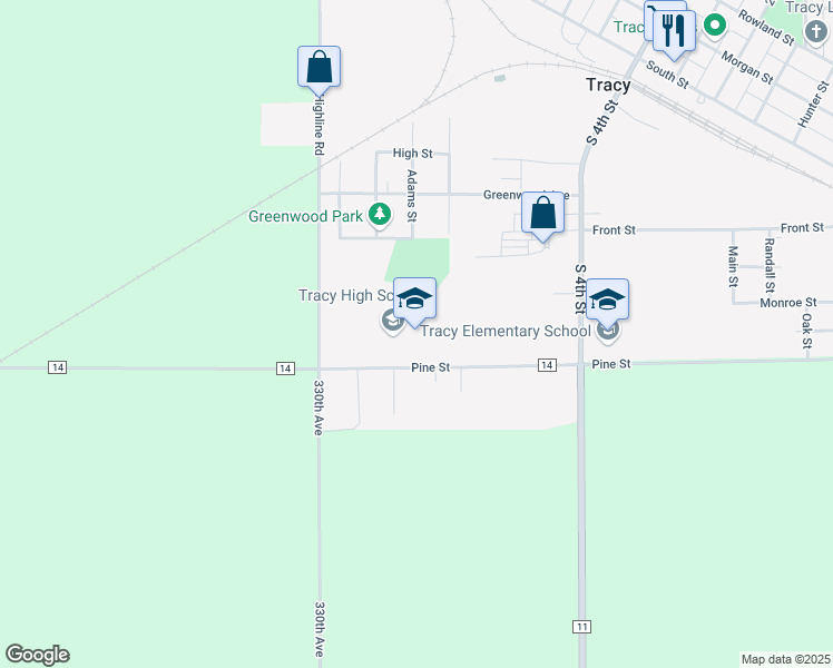 map of restaurants, bars, coffee shops, grocery stores, and more near 934 Pine Street in Tracy