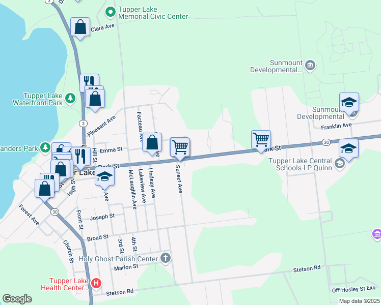 map of restaurants, bars, coffee shops, grocery stores, and more near 266-286 E Park St in Tupper Lake