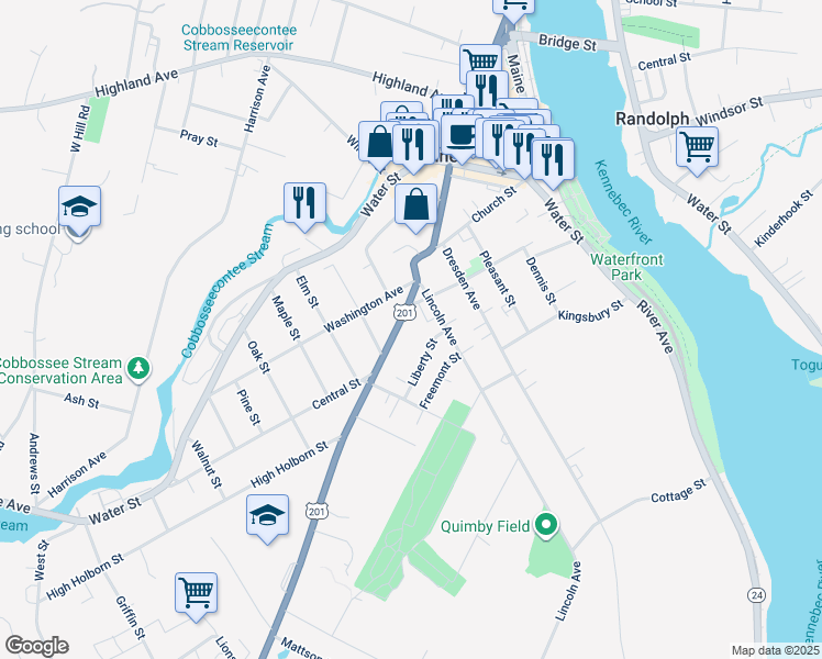 map of restaurants, bars, coffee shops, grocery stores, and more near 20 Liberty Street in Gardiner