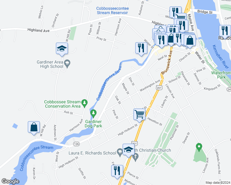 map of restaurants, bars, coffee shops, grocery stores, and more near 522 Water Street in Gardiner