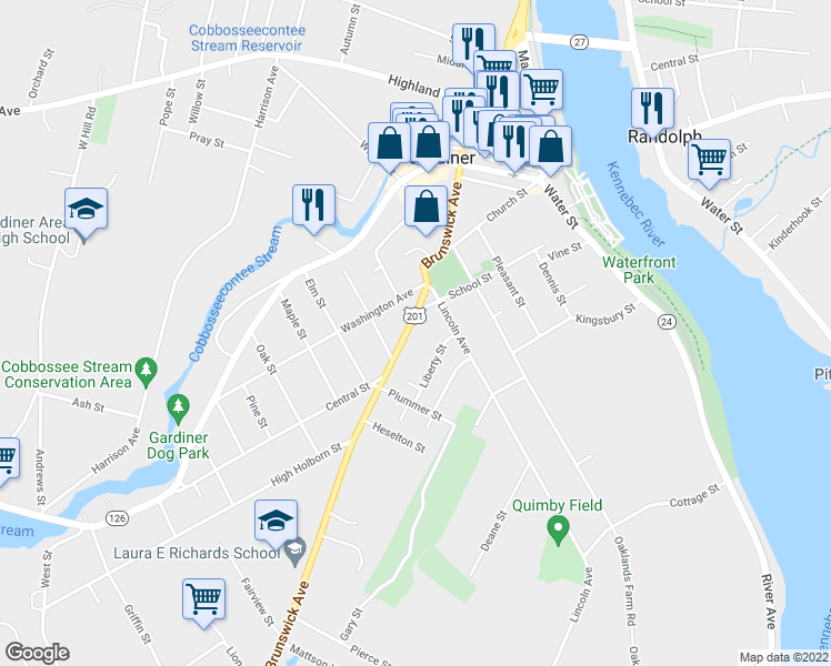 map of restaurants, bars, coffee shops, grocery stores, and more near 122 Brunswick Avenue in Gardiner