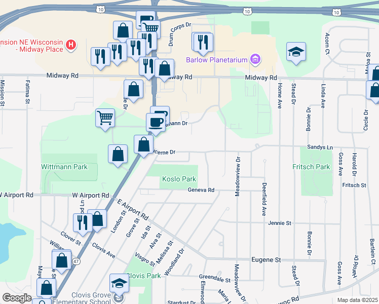 map of restaurants, bars, coffee shops, grocery stores, and more near 1180 Lucerne Drive in Menasha