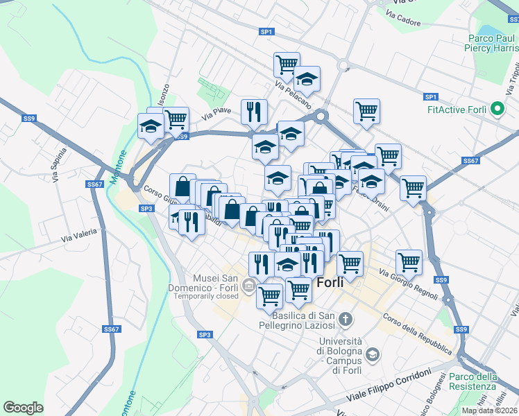 map of restaurants, bars, coffee shops, grocery stores, and more near 12 Via Cesare Maioli in Forli