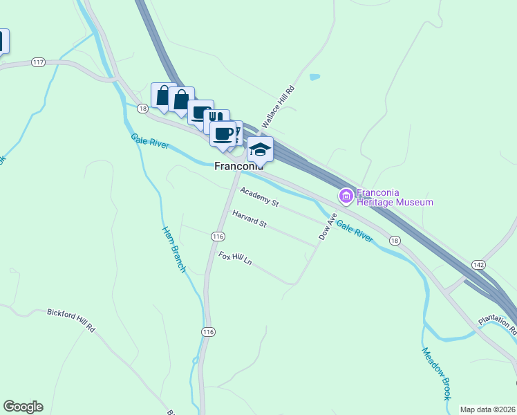 map of restaurants, bars, coffee shops, grocery stores, and more near 1-199 Academy Street in Franconia