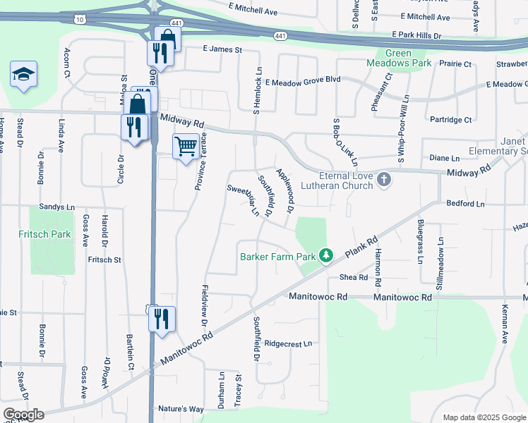 map of restaurants, bars, coffee shops, grocery stores, and more near 2060 Sweetbriar Lane in Menasha