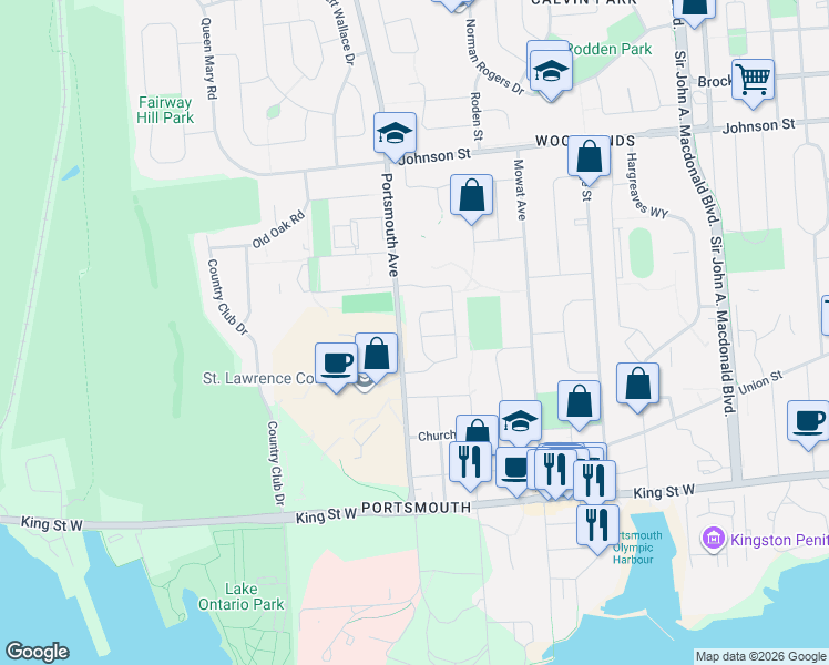 map of restaurants, bars, coffee shops, grocery stores, and more near 46 Woodstone Crescent in Kingston