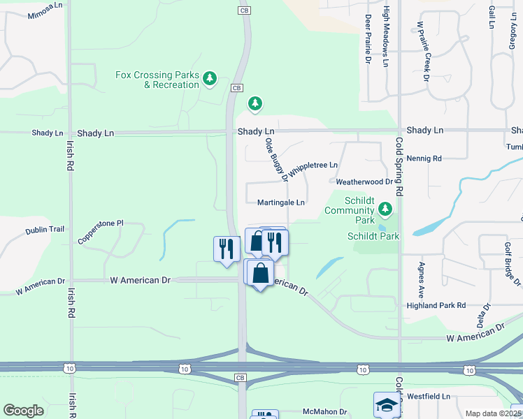 map of restaurants, bars, coffee shops, grocery stores, and more near 1386 Martingale Lane in Neenah