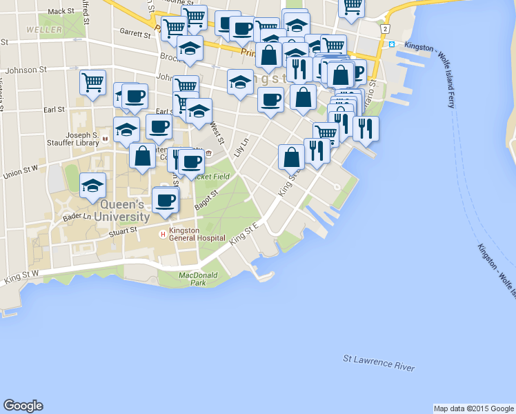 map of restaurants, bars, coffee shops, grocery stores, and more near 55 West Street in Kingston