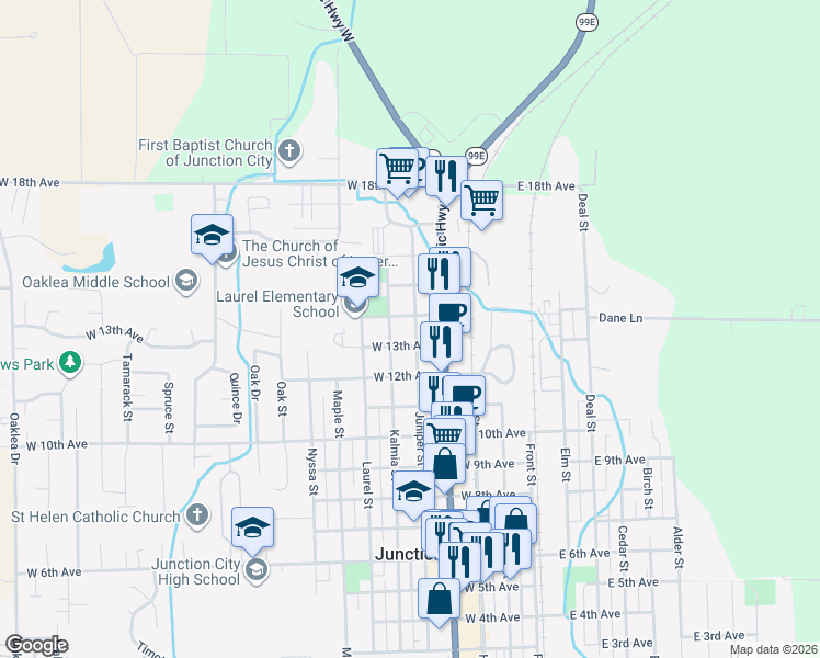 map of restaurants, bars, coffee shops, grocery stores, and more near 1355 Juniper Street in Junction City