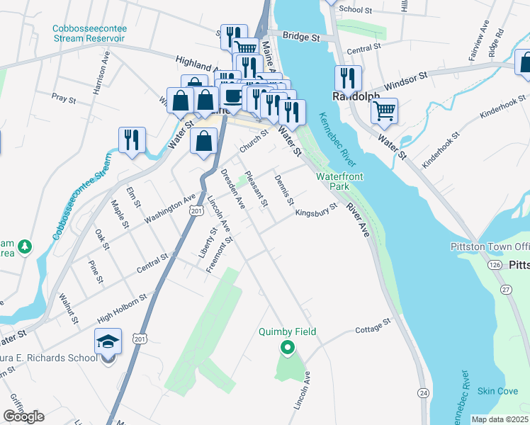 map of restaurants, bars, coffee shops, grocery stores, and more near 49 Pleasant Street in Gardiner