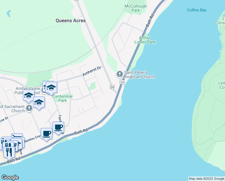 map of restaurants, bars, coffee shops, grocery stores, and more near 306 Coronation Boulevard in Lennox and Addington County
