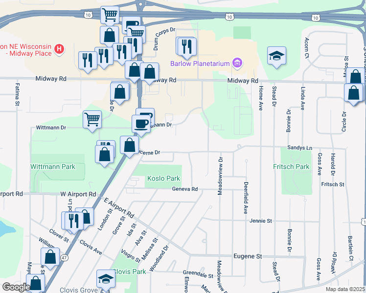 map of restaurants, bars, coffee shops, grocery stores, and more near 1180-1274 Lucerne Drive in Menasha