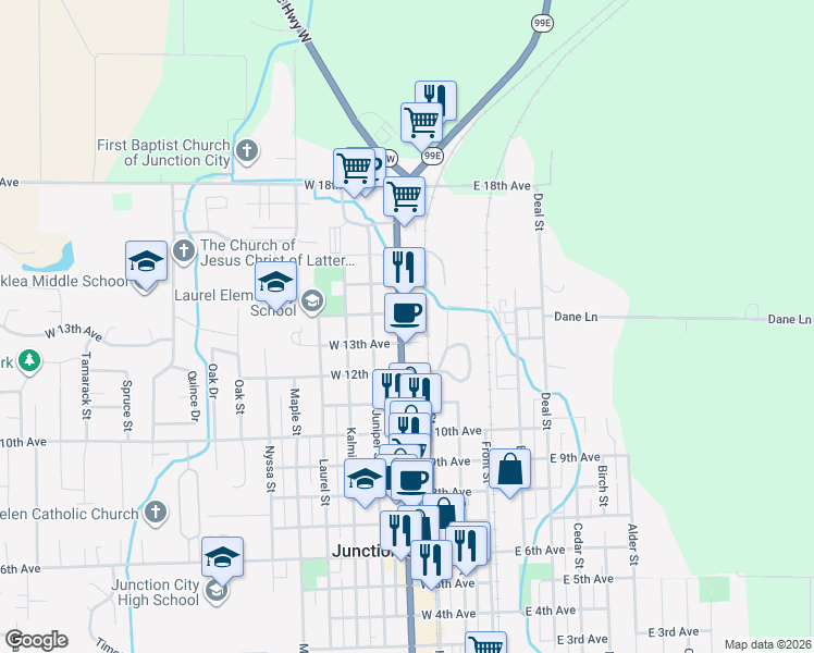 map of restaurants, bars, coffee shops, grocery stores, and more near 1388 Pacific Highway West in Junction City
