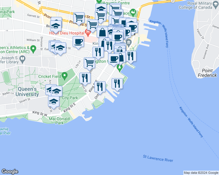 map of restaurants, bars, coffee shops, grocery stores, and more near 20 Gore Street in Kingston