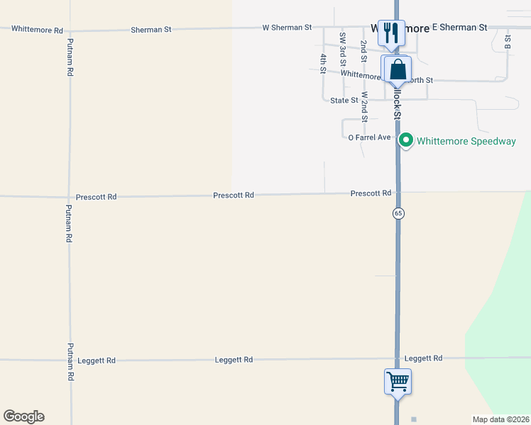 map of restaurants, bars, coffee shops, grocery stores, and more near 7113-7199 Prescott Road in Whittemore