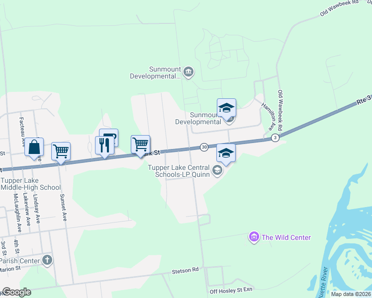 map of restaurants, bars, coffee shops, grocery stores, and more near 2657 Highway 30 in Tupper Lake