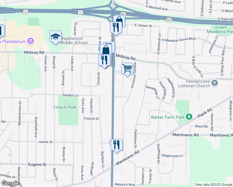 map of restaurants, bars, coffee shops, grocery stores, and more near 1305 Oneida Street in Menasha