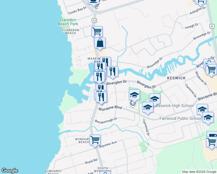 map of restaurants, bars, coffee shops, grocery stores, and more near 155 Riverglen Drive in Georgina