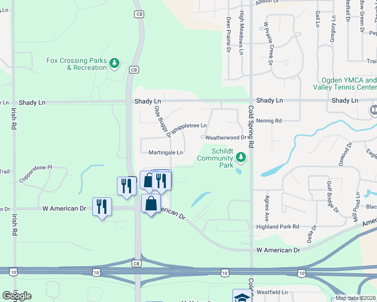 map of restaurants, bars, coffee shops, grocery stores, and more near 1855 Martingale Lane in Neenah