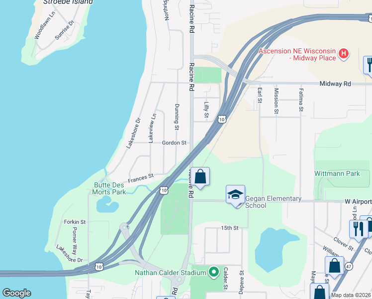 map of restaurants, bars, coffee shops, grocery stores, and more near 1338 Racine Road in Menasha