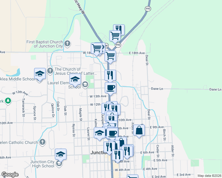 map of restaurants, bars, coffee shops, grocery stores, and more near 1388 Pacific Highway West in Junction City