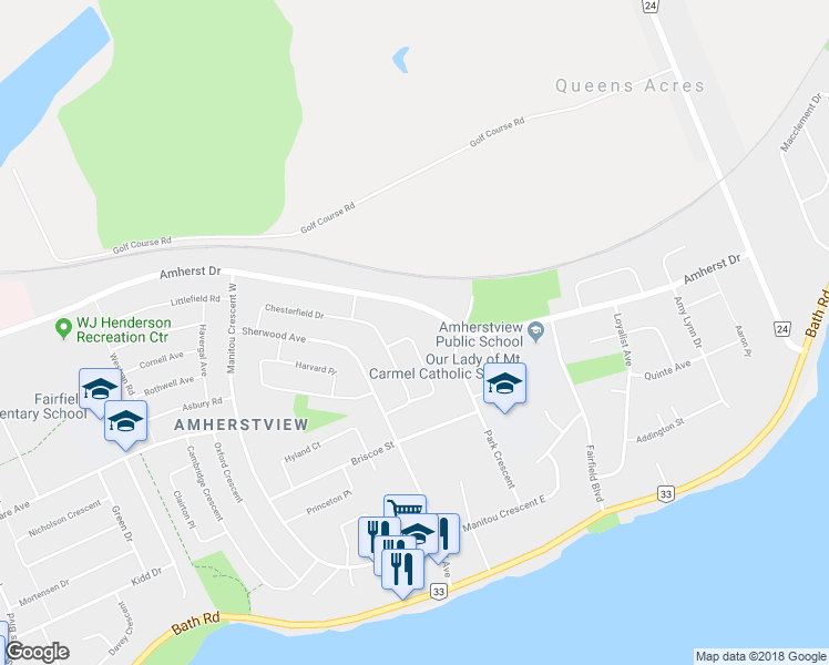 map of restaurants, bars, coffee shops, grocery stores, and more near 43 Bakers Lane in Lennox and Addington County