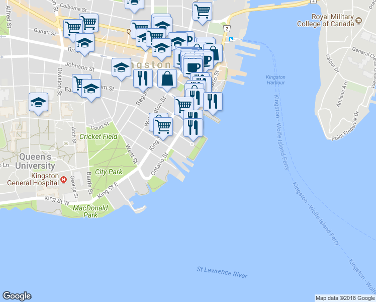 map of restaurants, bars, coffee shops, grocery stores, and more near in Kingston