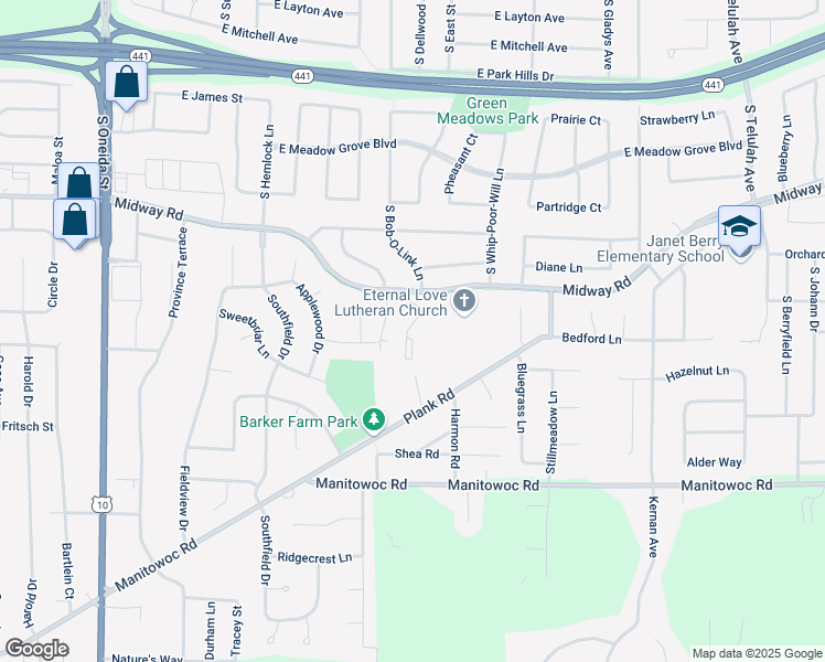 map of restaurants, bars, coffee shops, grocery stores, and more near 2205 Midway Road in Menasha