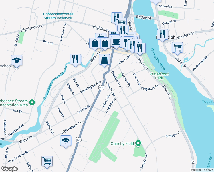 map of restaurants, bars, coffee shops, grocery stores, and more near 114 School Street in Gardiner