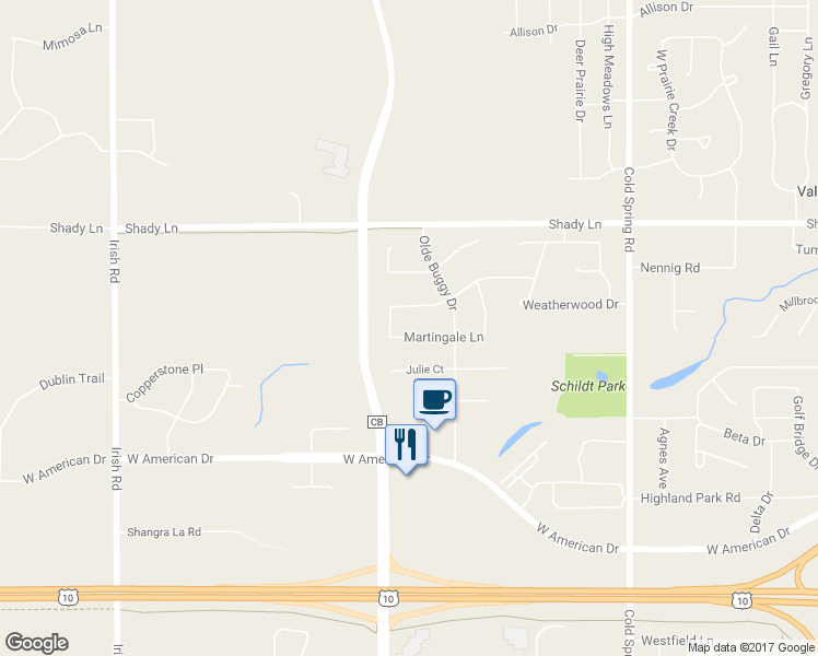 map of restaurants, bars, coffee shops, grocery stores, and more near 1386 Martingale Lane in Neenah