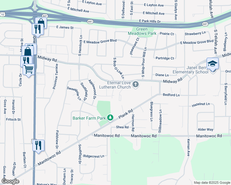 map of restaurants, bars, coffee shops, grocery stores, and more near 2205 Midway Road in Appleton