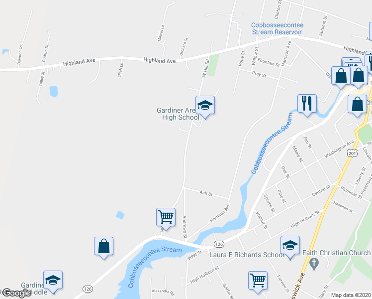 map of restaurants, bars, coffee shops, grocery stores, and more near 105 West Hill Road in Gardiner
