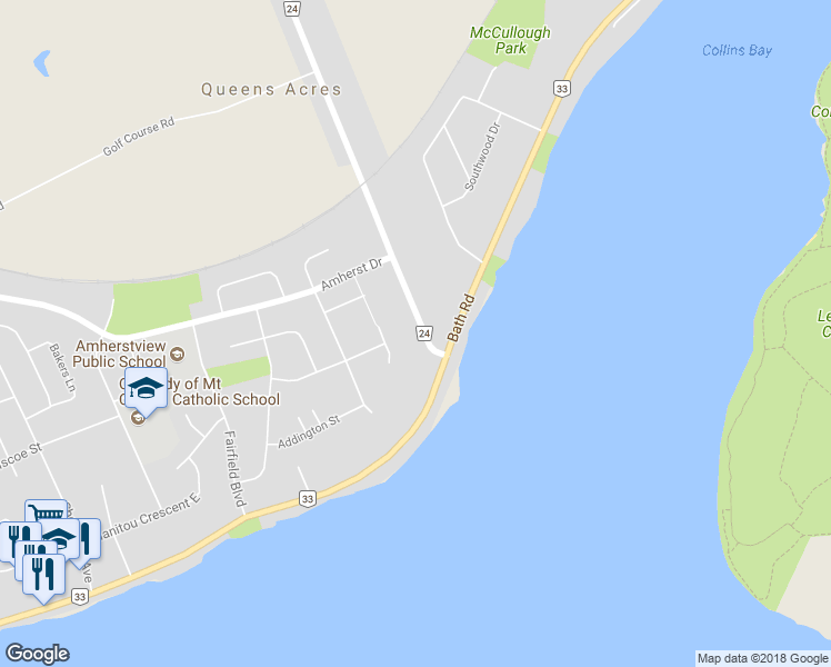 map of restaurants, bars, coffee shops, grocery stores, and more near 306 Coronation Boulevard in Lennox and Addington County