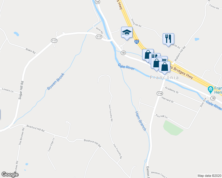 map of restaurants, bars, coffee shops, grocery stores, and more near 362 Iron Foundry Road in Franconia