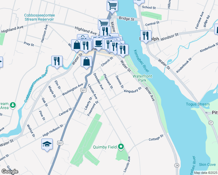 map of restaurants, bars, coffee shops, grocery stores, and more near 49 Pleasant Street in Gardiner